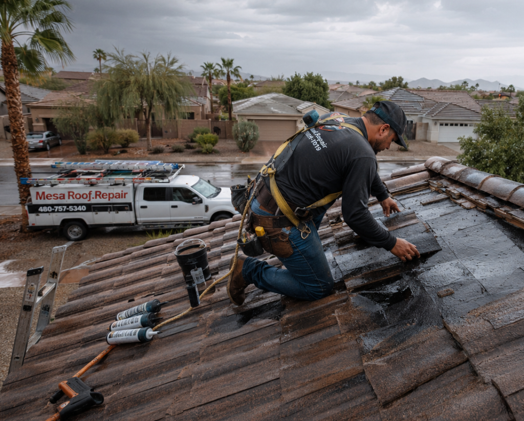Roof leak repair on residential home in Mesa, Arizona.