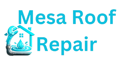 Aqua blue modern logo featuring a stylized roof with a water droplet and home repair elements, representing Mesa Roof Repair's residential and commercial roofing services.